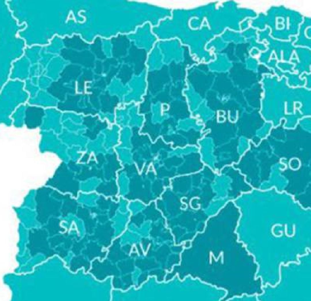 Mapa de Castilla y León, delimitando las zonas en Fase 0 (en oscuro) y Fase 1 (en claro) a día de hoy