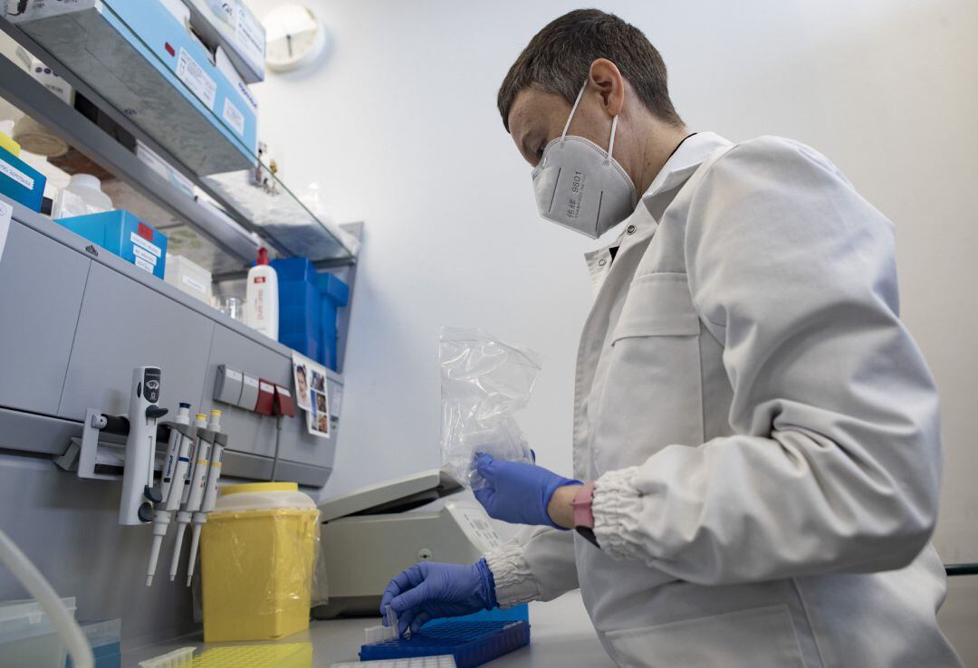 Un profesional sanitario examina varias muestras.