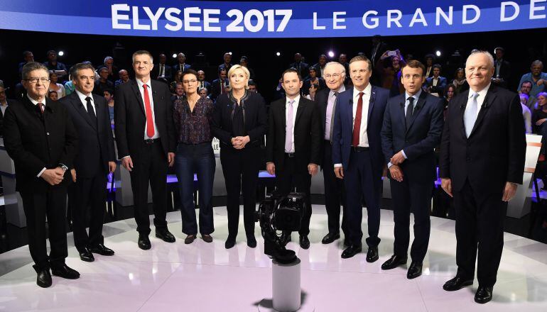 Diez de los once candidatos a la elección presidencial francesa, Jean-Luc Melenchon, Francois Fillon, Jean Lassalle, Lutte Ouvriere, Nathalie Arthaud, Marine Le Pen, Benoit Hamon, Jacques Cheminade, Nicolas Dupont-Aignan, Emmanuel Macron y Francois Asseli