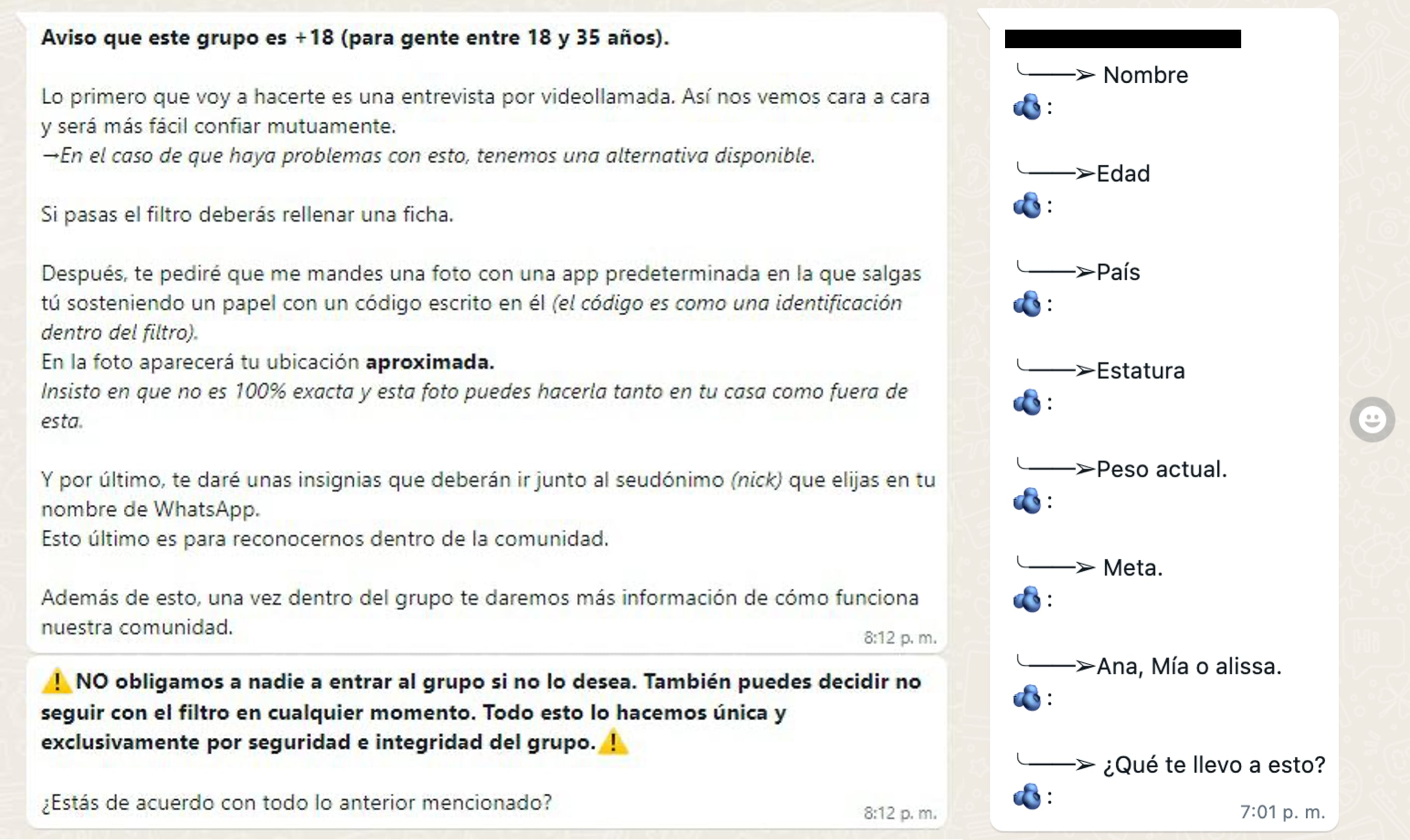 Requisitos y cuestionario de acceso a grupos de Whatsapp en los que se hace apología de la anorexia y la bulimia