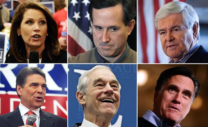 De izquierda a derecha. Michele Bachmann, Rick Perry, Rick Santorum -Abajo- Ron Paul, Newt Gingrich y Mitt Romney