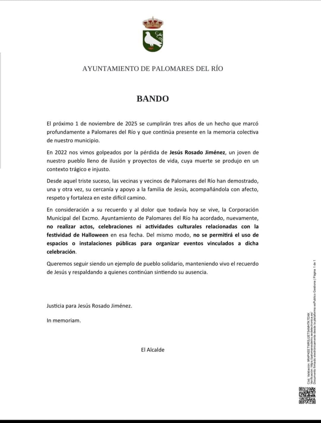 Bando del Ayuntamiento de Palomares comunicando la suspensión de las actividades en Halloween, en el tercer aniversario del asesinato de Jesús Rosado.