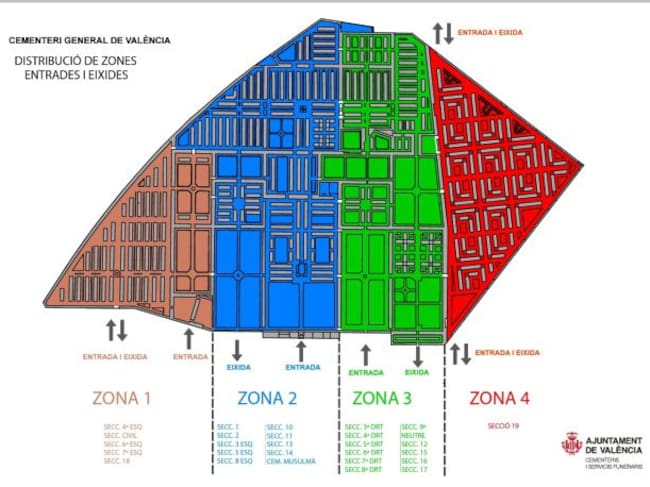 Mapa zonificado del Cementerio General de València