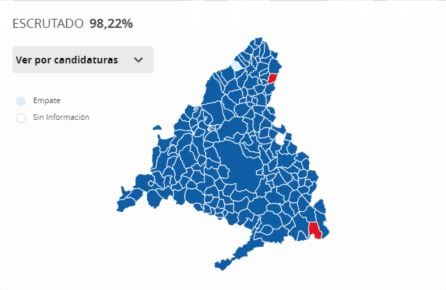 Mapa de la Comunidad de Madrid que muestra la victoria del PP en casi todos los municipios de la región.