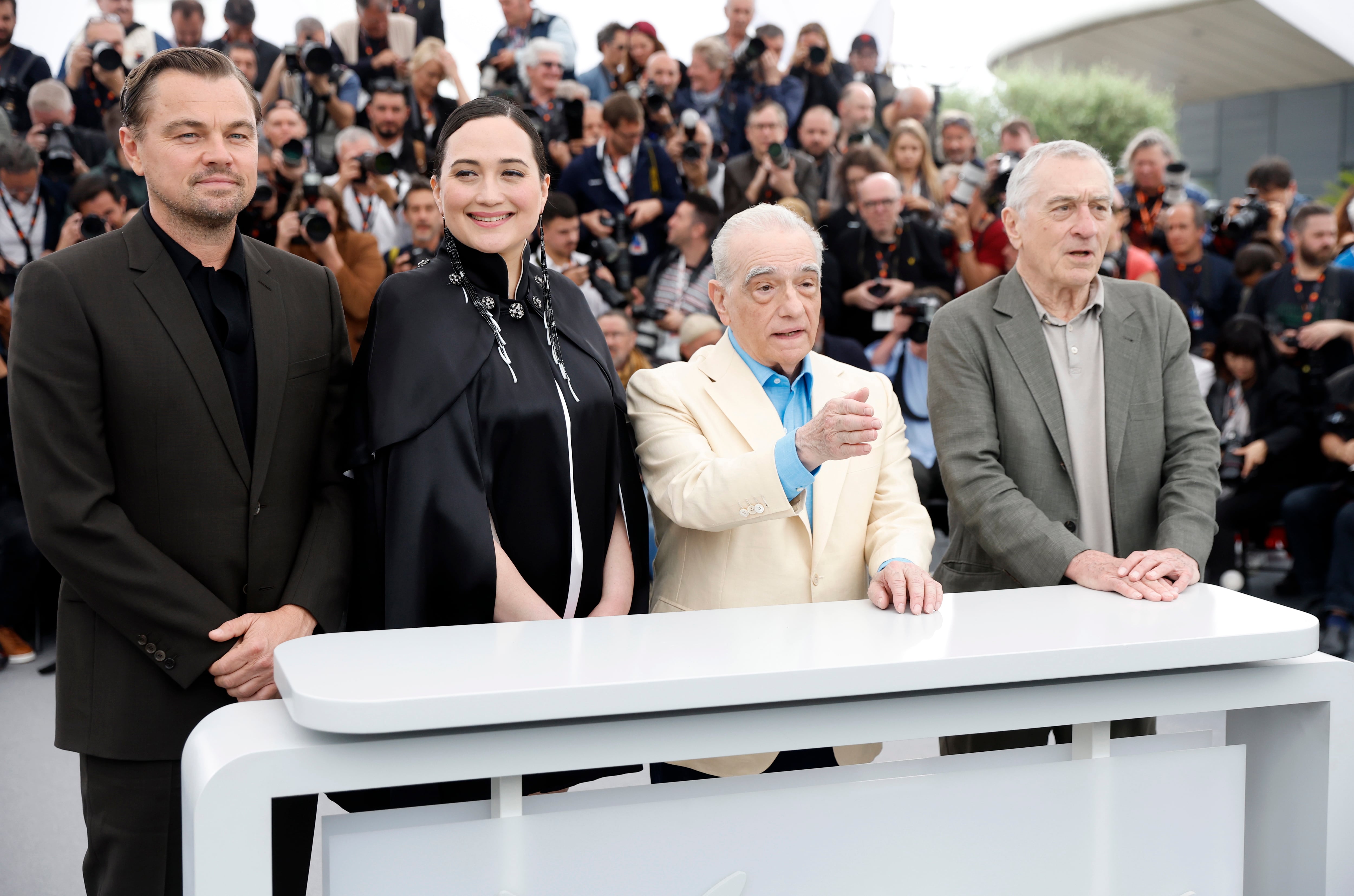 Cannes (France), 21/05/2023.- (From-R) Robert De Niro, Martin Scorsese, Lily Gladstone, and Leonardo DiCaprio attend the photocall for &#039;Killers of the Flower Moon&#039; during the 76th annual Cannes Film Festival, in Cannes, France, 21 May 2023. The festival runs from 16 to 27 May. (Cine, Francia) EFE/EPA/Sebastien Nogier
