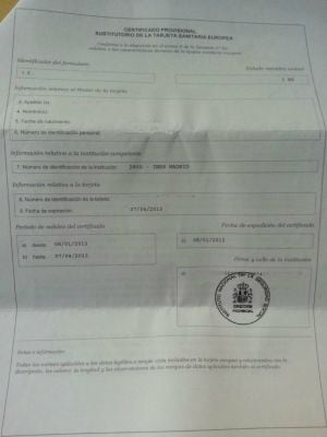 Original de un certificado provisional sustitutorio de una tarjeta de sanidad europea