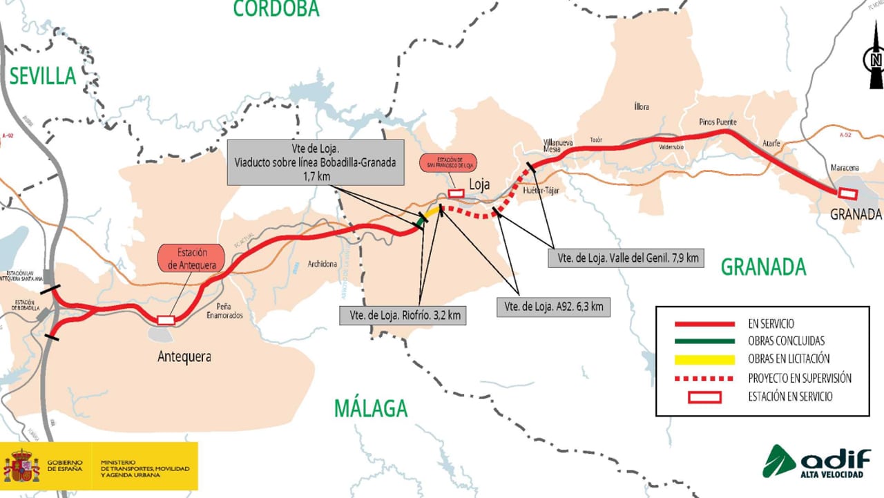 Mapa de la Variante de Loja en la línea de alta velocidad ferroviaria entre Antequera y Granada