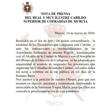 Nota del cabildo superior de Cofradías de Murcia