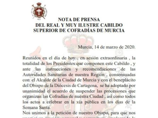 Nota del cabildo superior de Cofradías de Murcia
