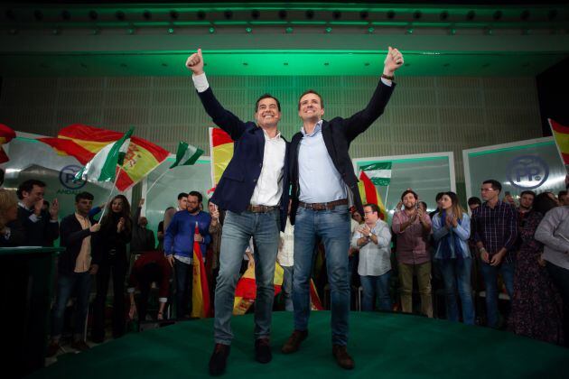 En Sevilla, mitin de cierre de campaña del candidato del PP-A a la Presidencia de la Junta, Juanma Moreno, junto al presidente del PP, Pablo Casado