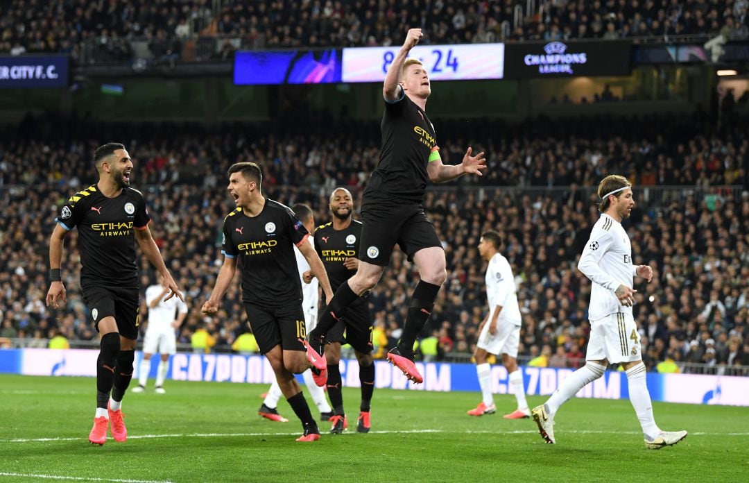 De Bruyne celebra su gol contra el Real Madrid en la ida de los octavos de final de la Champions