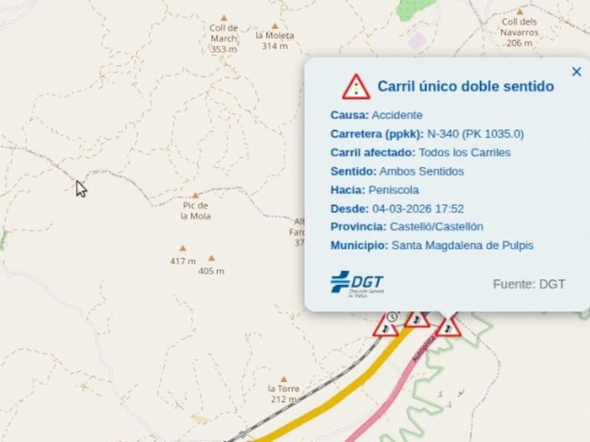 Un accidente en la N-340 causa retenciones en Castellón a la altura de Santa Magdalena de Pulpis