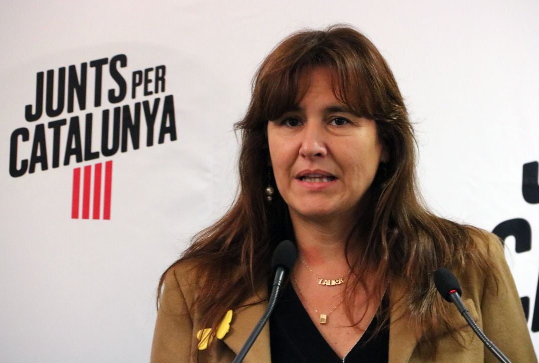 Laura Borràs durant la roda de premsa posterior a la reunió de JxCat a Brussel·les, el 9 de desembre del 2019