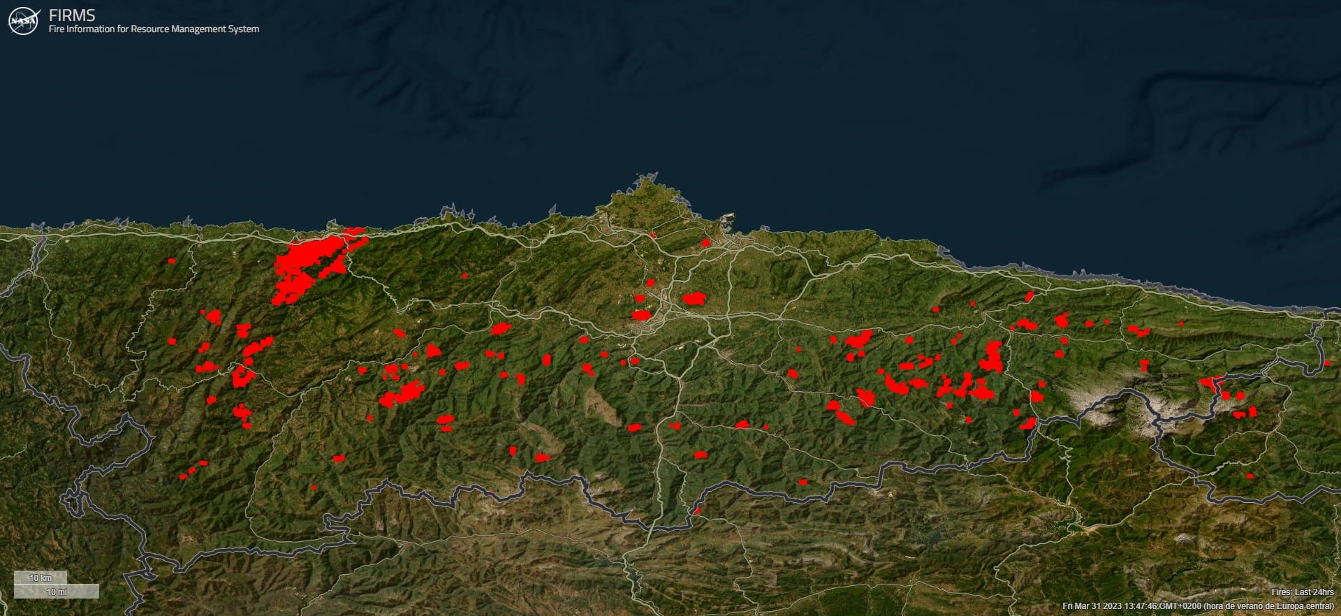 Fuegos activos en Asturias, a 31 de marzo de 2023..