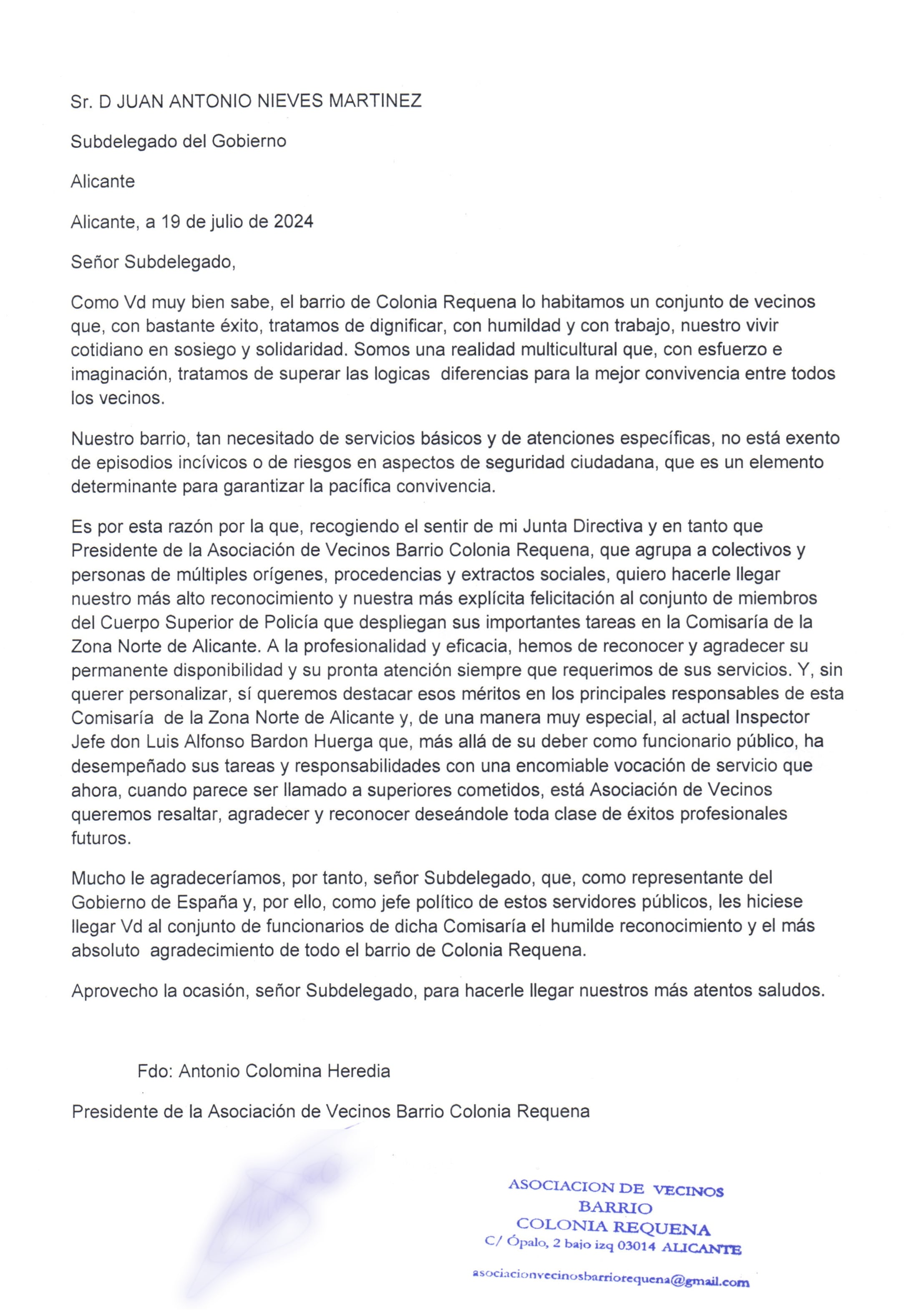 Carta de agradecimiento de los vecinos de Colonia Requena a los agentes de policía de la Comisaría Norte de Alicante