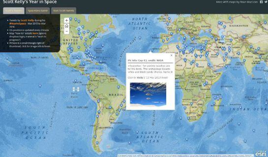 Imagen del mapa en línea en el que se pueden consultar todos los tuits Scott Kelly.