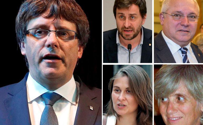 De izquierda a derecha y de arriba a abajo: el expresidente del Gobierno catalán Carles Puigdemont ,el exconsejero de Salud Antoni Comin, el de Cultura Lluís Puig , de Agricultura Meritxell Serret , y de Enseñanza, Clara Ponsatí. 