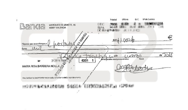 Cheque de 1.000 euros al portador firmado por Rita Barberá.