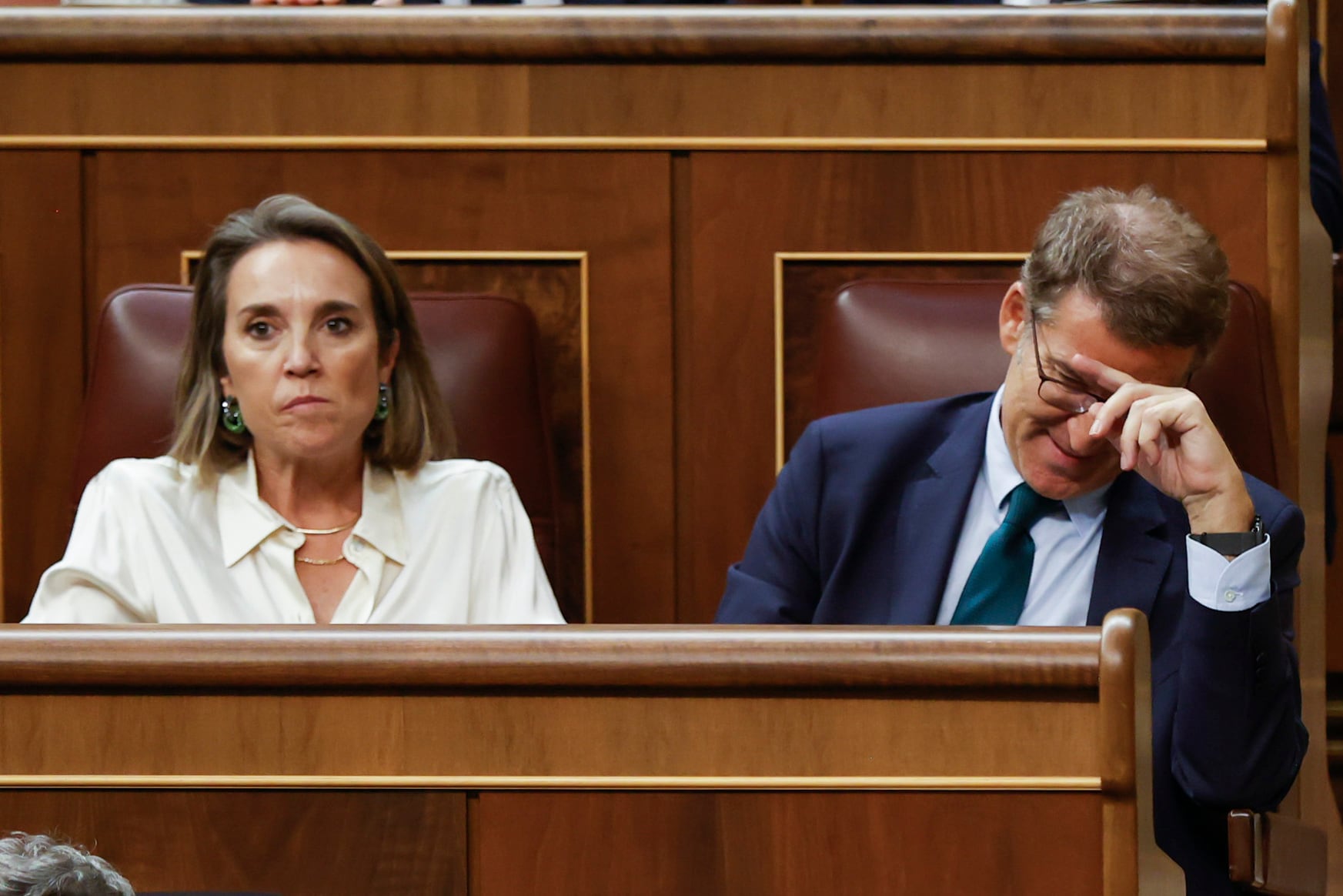 El líder del Partido Popular y candidato presidencial, Alberto Núñez Feijóo junto a la portavoz, Cuca Gamarra durante la segunda votación de su investidura, este viernes en el Congreso