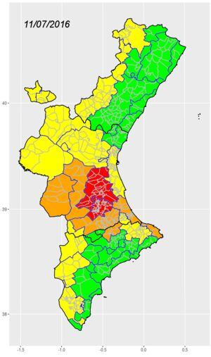 Mapa del Sistema de Vigilancia de Temperaturas Extremas de la Comunitat Valenciana del 11/7/16