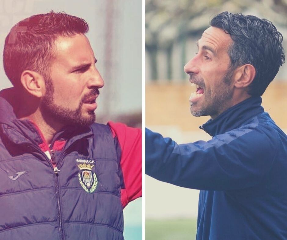 El entrenador de la Arandina, Álex Izquierdo (i) y el del Astorga, &#039;Chuchi&#039; Jorqués