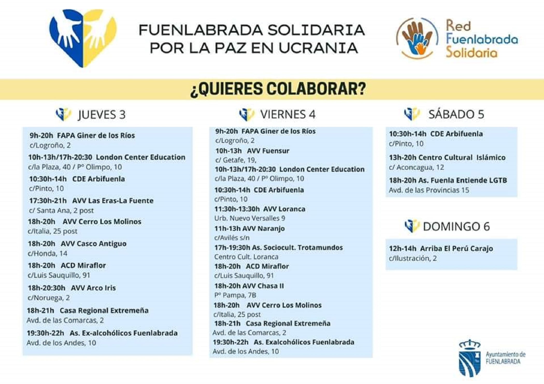 La Red Fuenlabrada Solidaria recogerá productos sanitarios, ropa y alimentos para enviar a Ucrania.