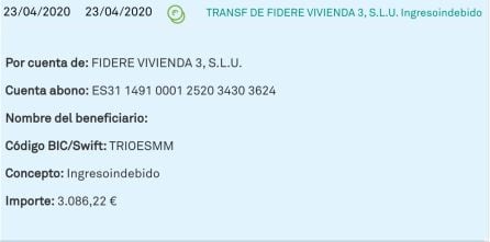 Resguardo del ingreso superior a 3.000 euros, aportado por una de las inquilinas de Torrejón de Ardoz.