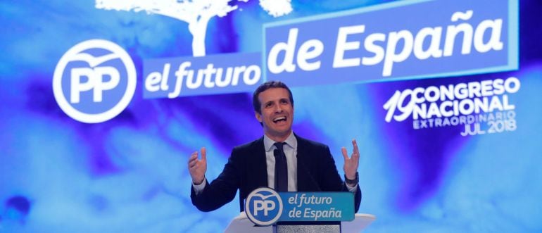 GRAF4383. MADRID,El candidato a la Presidencia del PP, Pablo Casado, durante su intervención hoy en el XIX Congreso del partido en el que se elige al nuevo presidente de la formación en la que ha dicho: &quot;pase lo que pase, saldremos más fuertes y más unido