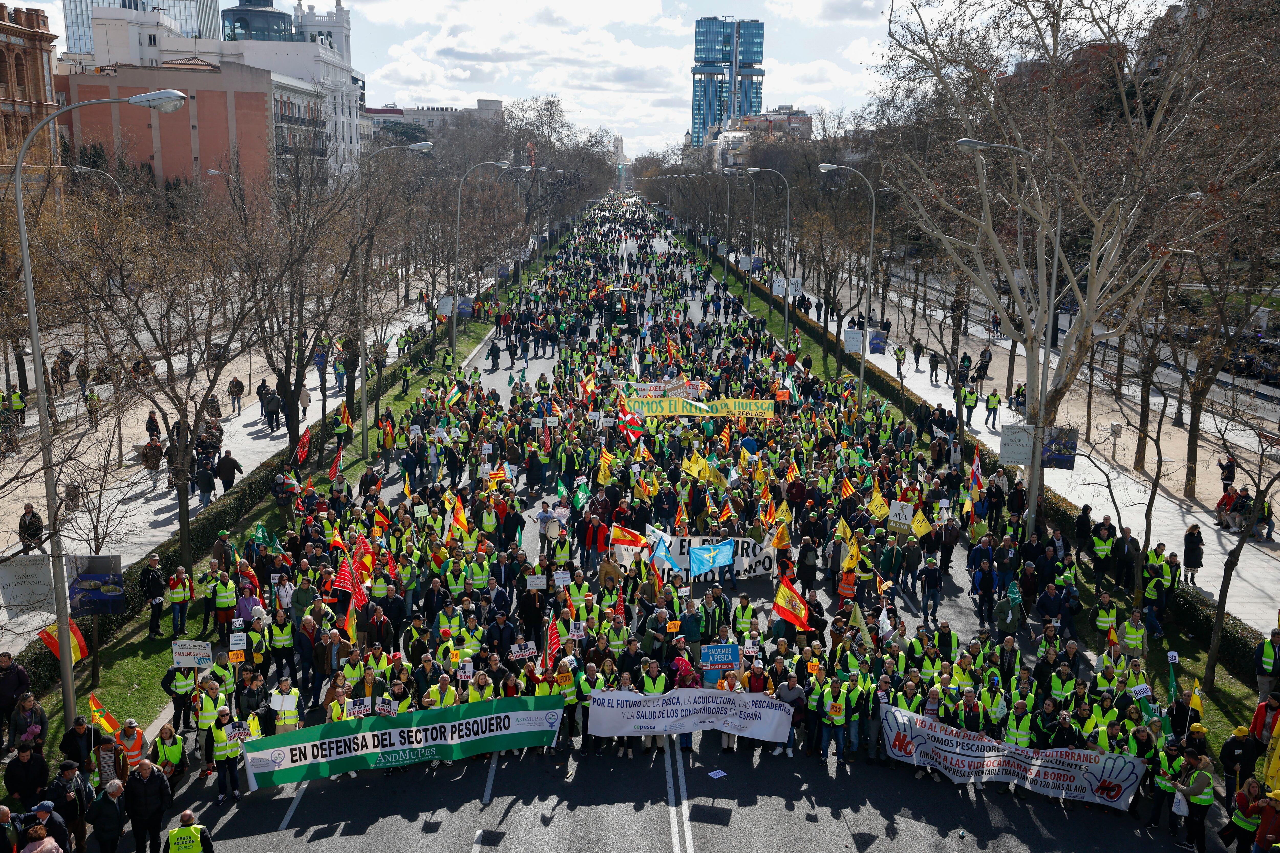 MADRID, 26/02/2024.- Tractores y personas a pie de la protesta agrícola convocada este lunes en la ciudad de Madrid que ha llegado hasta el Ministerio de Agricultura, Pesca y Alimentación, ya en la capital, tras salir a primera hora de la mañana del municipio de Arganda del Rey, en un recorrido que, hasta el momento, se ha desarrollado con "normalidad". EFE/ JJ.Guillén