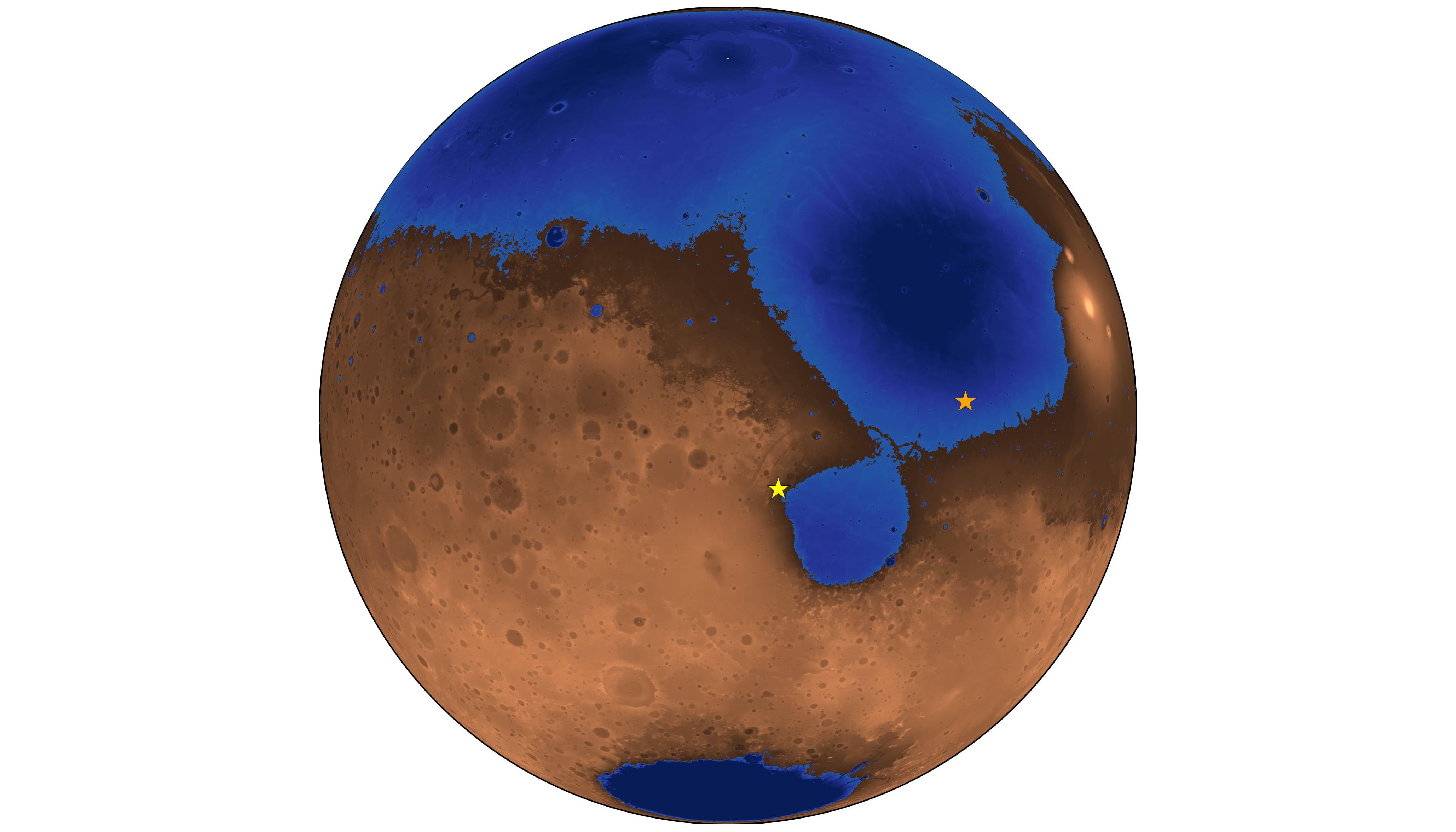 Una imagen hipotética de Marte hace 3.600 millones de años, cuando un océano podría haber cubierto casi la mitad del planeta. Las áreas azules muestran la profundidad del océano que llenaba hasta el nivel de la costa el antiguo mar, ahora desaparecido, llamado Deuteronilus. La estrella naranja representa el lugar de aterrizaje del explorador chino Zhurong.