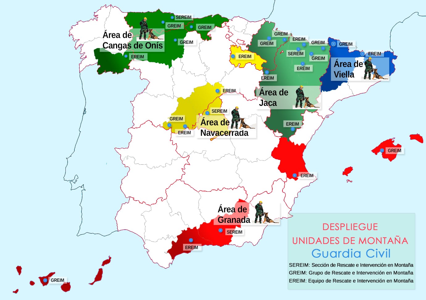 Mapa con la ubicación de todas las unidades de montaña de la Guardia Civil