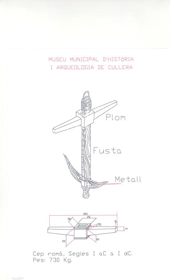 Ilustración de cómo sería el ancla de la que formaba parte el cepo hallado en la costa de Cullera