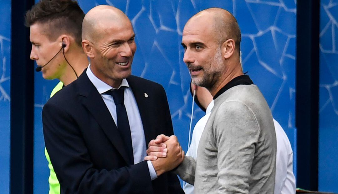 Zidane y Guardiola, antes del último partido entre el Real Madrid y el Manchester City.