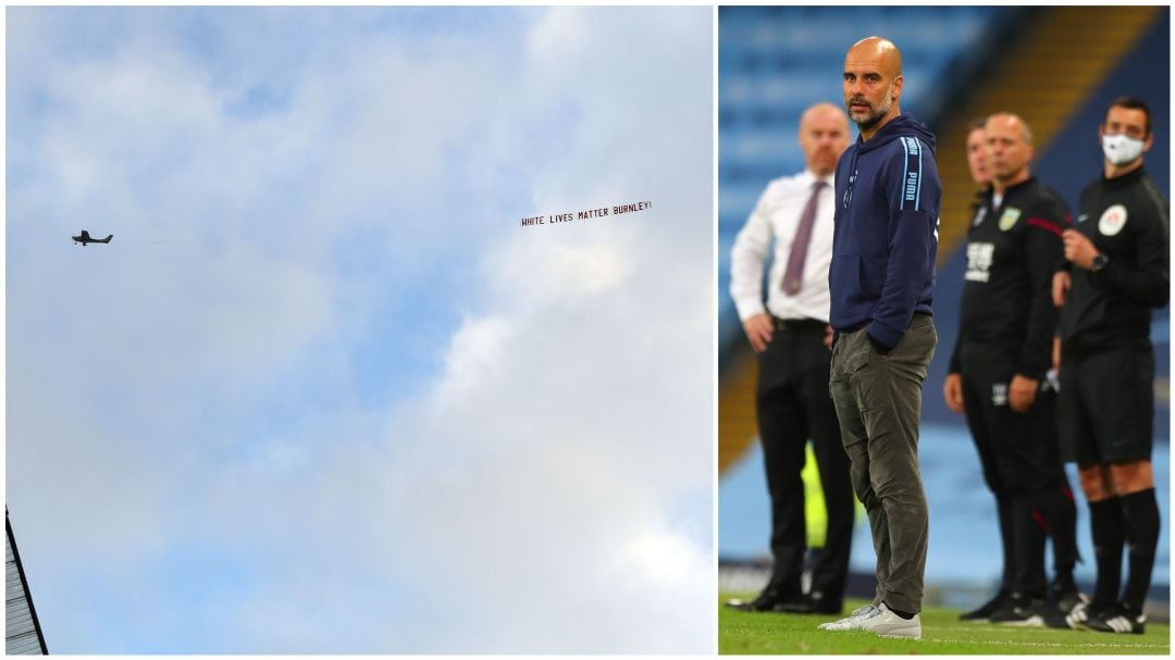 Pep Guardiola y el avión con la bandera &#039;White Lives Matter Burnley&#039; que sobrevoló el Etihad