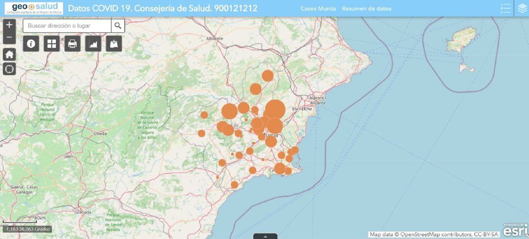 Imagen de la nueva herramienta web y la distribución de casos de coronavirus en la Región