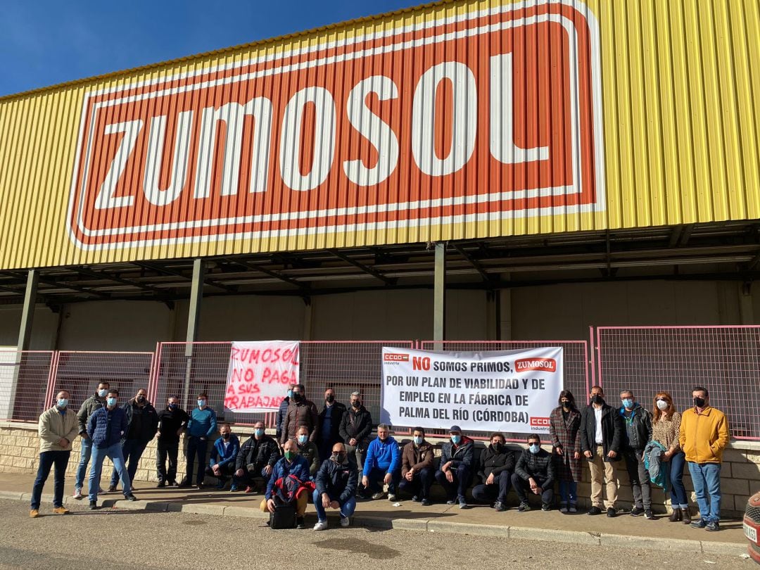 Trabajadores, con representantes de Izquierda Unida y Podemos, a las puertas de la factoría.