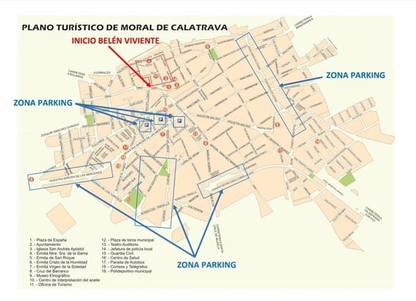 Mapa de la situación de los aparcamientos disuasorios para el belén viviente 2022 de Moral de Calatrava