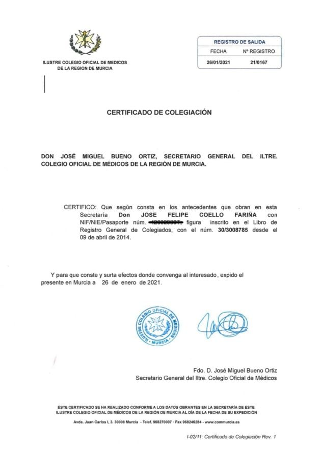 Certificado de colegiación de Felipe Coello