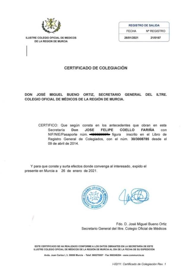 Certificado de colegiación de Felipe Coello
