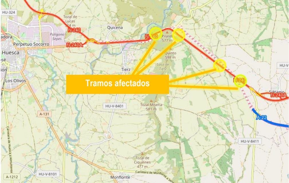 Mapa de las afecciones al tráfico en la N-240