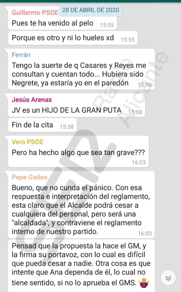 Captura de pantalla de uno de los grupos paralelos en los que formaban parte los concejales críticos con el alcalde