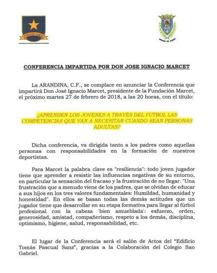 Nota de prensa de la Arandina que anuncia la conferencia.