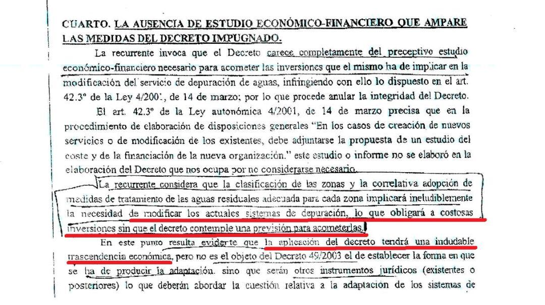 Fragmento de la sentencia que recoge las alegaciones del PP para oponerse a instalar el nuevo sistema de depuración