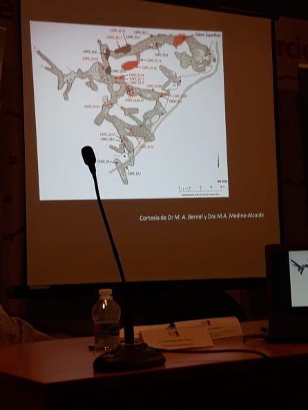 José Luis Sanchidrián mostraba una diapositiva con el plano de la Cueva del Nacimiento del río Cuadros