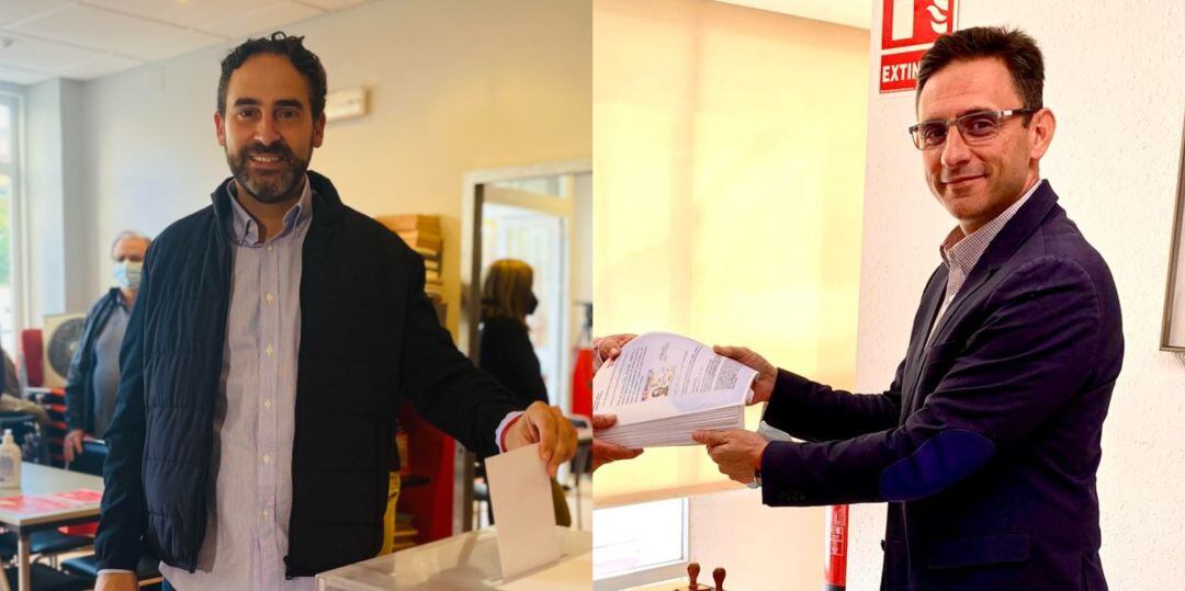 El candidato Dani Pérez (izda) ha ejercido su derecho a voto en las primarias del PSOE en su agrupación de Miraflores. El otro aspirante, José Antonio Gómez, votará esta tarde en su agrupación de Ojén