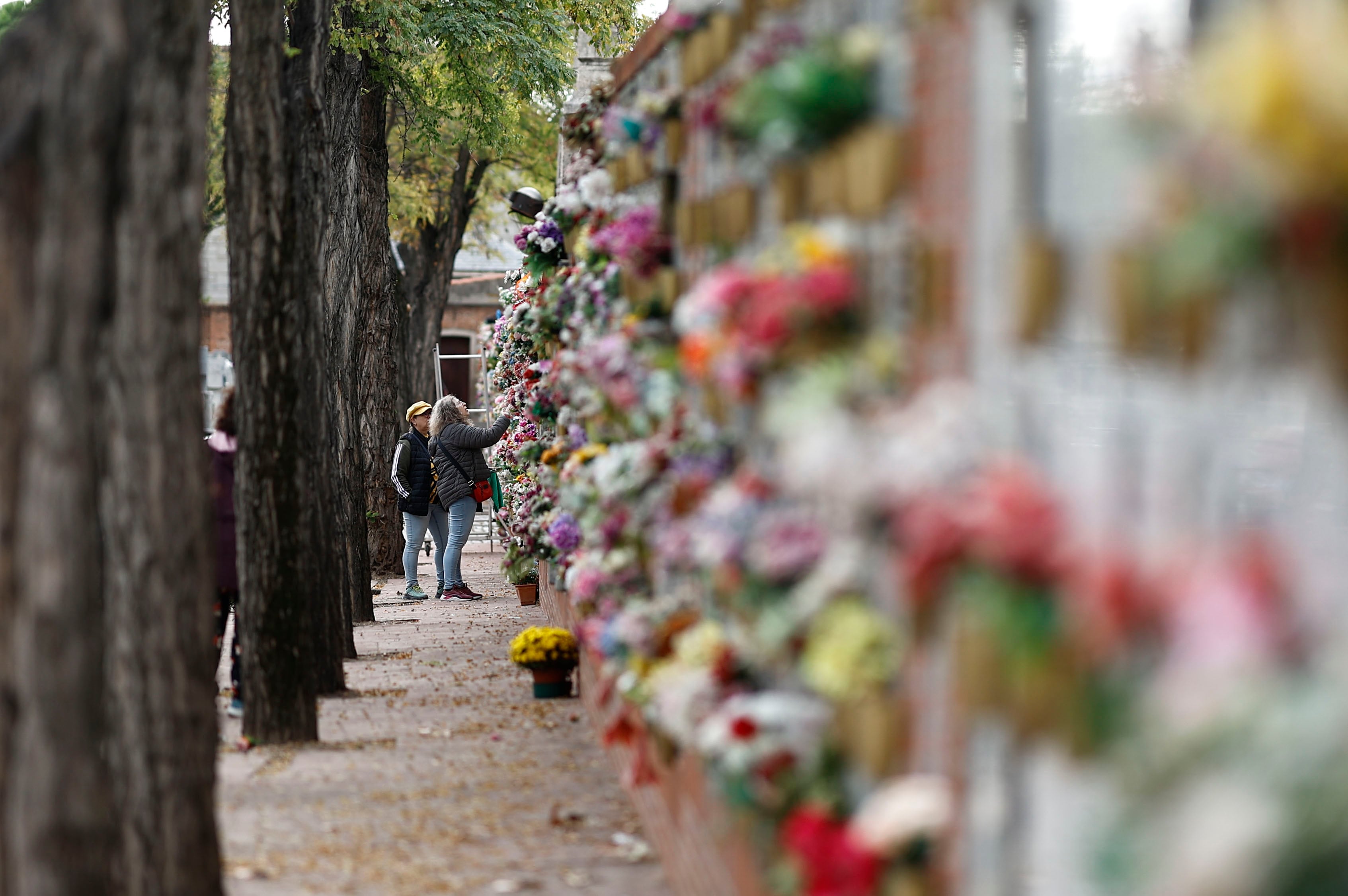 MADRID, 01/11/2025.- Vista del cementerio madrileño de La Almudena, donde continúa la tradición de visitar a los difuntos, limpiar sus lápidas y llevarles flores, este sábado, festividad de Todos los Santos. EFE/Rodrigo Jiménez