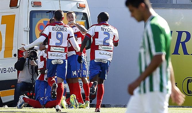 Los jugadores del Granada celebran el gol de Martins