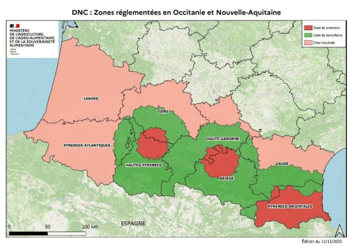 Mapa de zonas afectadas por DNC en Francia limítrofes con Aragón