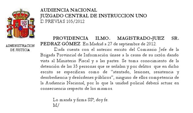 El juez Santiago Pedraz no asume la investigación del 25-S al tener conocimiento de que los delitos por los que la Policía acusa a los detenidos por los disturbios no son competencia de la Audiencia Nacional.