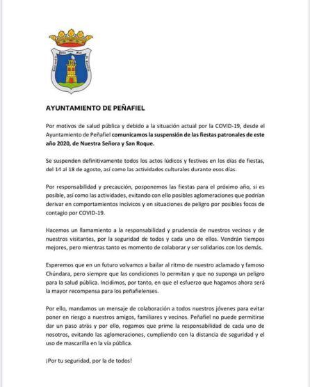 Este es el comunicado emitido por el Ayuntamiento acerca de la suspensión de cualquier tipo de acto programado para San Roque.